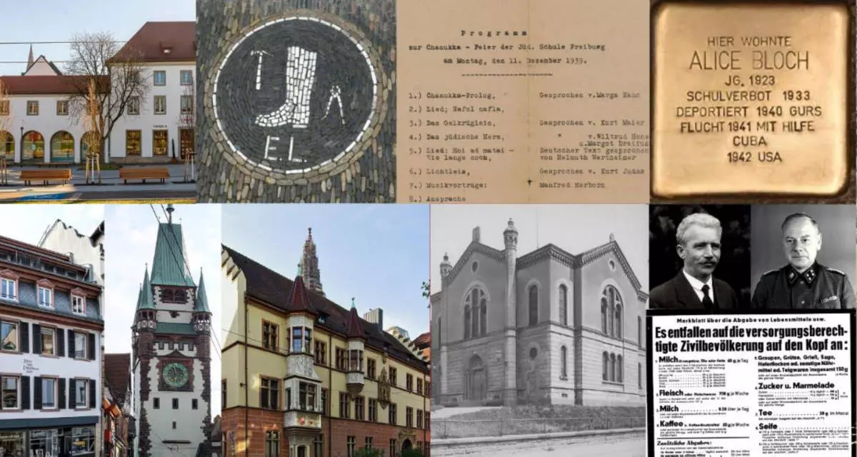Collage via Canva. Mit: Eduard Krebsbach: Bundesarchiv, Bild 192-132, CC-BY-SA 3.0 | Münster: StadtA Freiburg M 72 B 271 | Basler Hof: Joergens.mi CC-BY-SA-3.0 | Synagoge: Landesarchiv BW, CC-BY- 3.0 DE | Rotteckring 14 und Gerberau 2: Joergens.mi CC-BY-SA-3.0 | Stolperstein: Christian Michelides CC BY-SA 4.0 | Ausschnitte aus Der Alemanne und Freiburger Zeitung, UB Freiburg | Martinstor: Flominator CC BY 2.0 | Franz Geiler, Landesarchiv BW CC BY 3.0